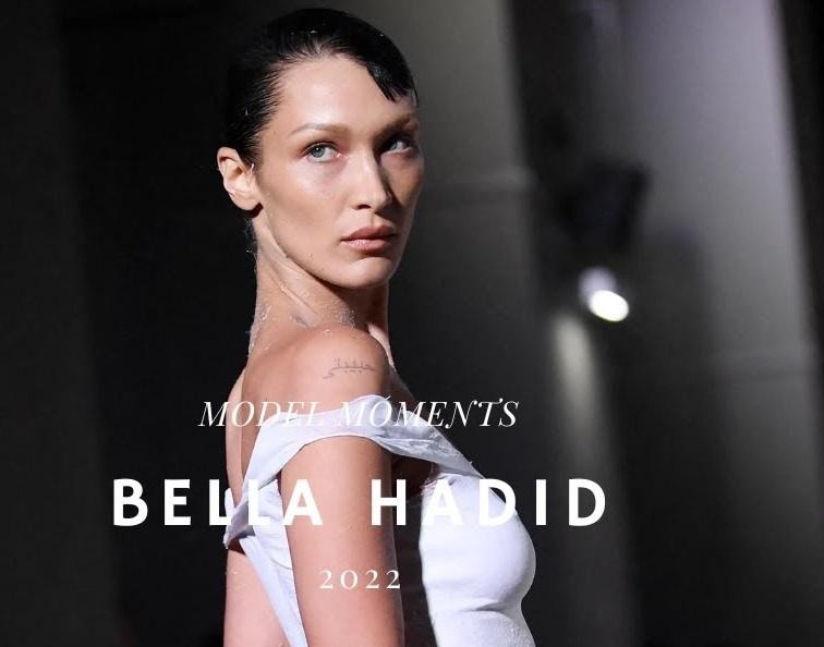 Alt: Bella Hadid na wybiegu podczas New York Fashion Week w awangardowej stylizacji, ukazująca dynamikę i pewność siebie.